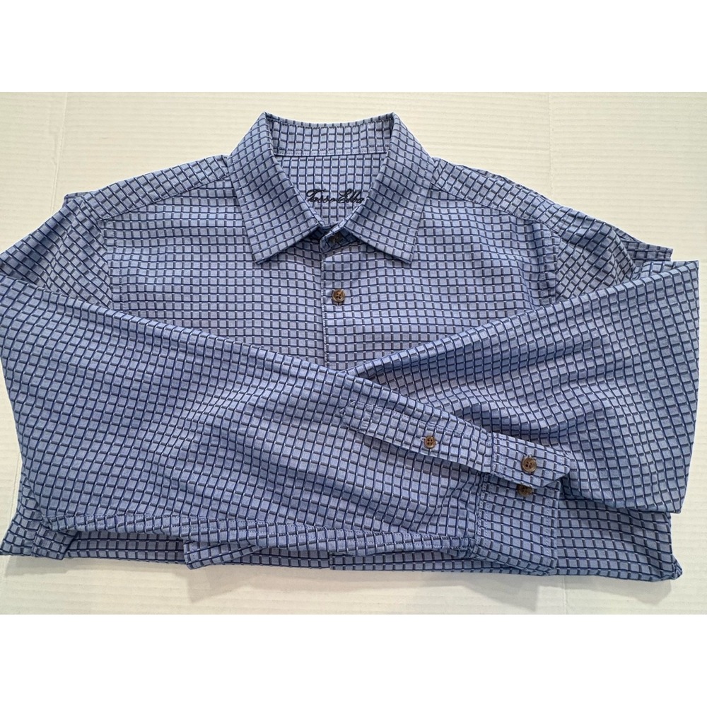 Tasso Elba Shirt‎ Mens Medium Long Sleeve Blue Plaid Button Up Dress Cotton EUC